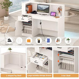 63" Reception Desk with LED Lights Power Outlets,L-Shaped Modern Front Table Reception Room Table with Cable Grommet,Lockable Drawers,Retail Checkout Counter for Lobby,Salon,Home Office Desk,White