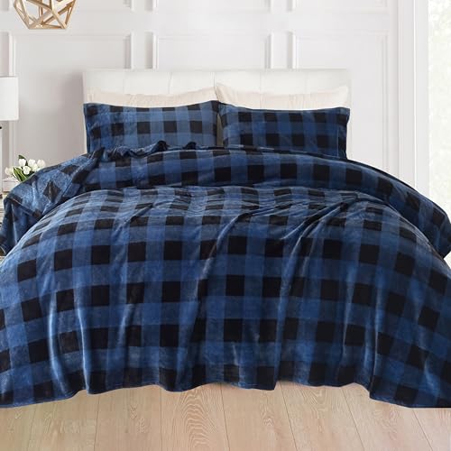 Elegant Comfort Luxuriously Soft 4-Piece Velvet Plush Flannel Sheet Set - Premium Quality - Cozy Warm, Anti-Static, Non Pilling Fuzzy Velvet Flannel Fleece Deep Pocket Sheet Set - Queen, Buffalo Blue Elegant Comfort