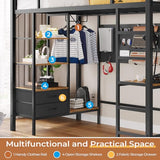 DICTAC Twin Loft Bed with Desk, Storage, and LED Lights - Black Metal Frame DICTAC