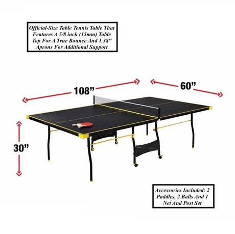 Black Yellow Folding Rolling Table Tennis Table Indoor Ping Pong Table with 2 Paddles 2 Balls 1 Net and Post Set 4 Wheels for Easy Movement Perfect Christmas New Year Holiday Season Gifts WoodArtSupply