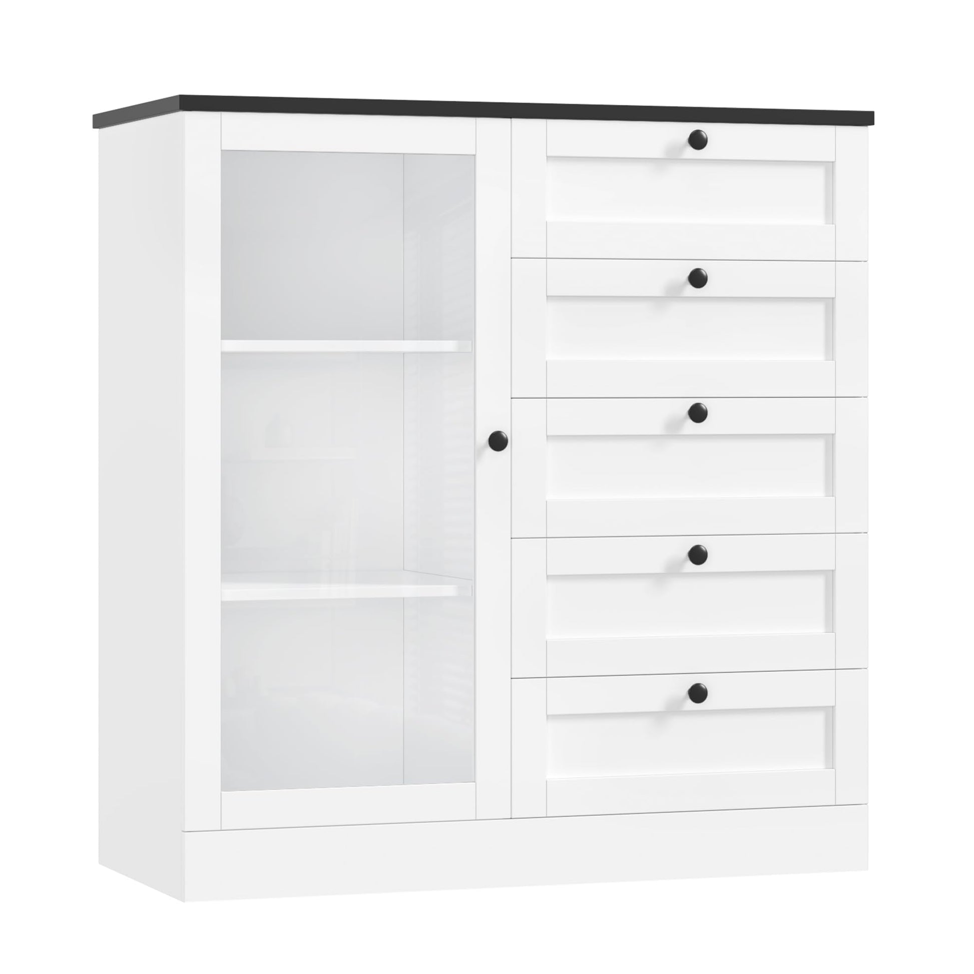 HOSTACK 5 Drawer Dresser with Door, White Storage Cabinet with Drawers and Shelves, Wide Wood Dresser, Modern Chest of Drawers Organizers for Living Room, Kitchen, Hallway - WoodArtSupply