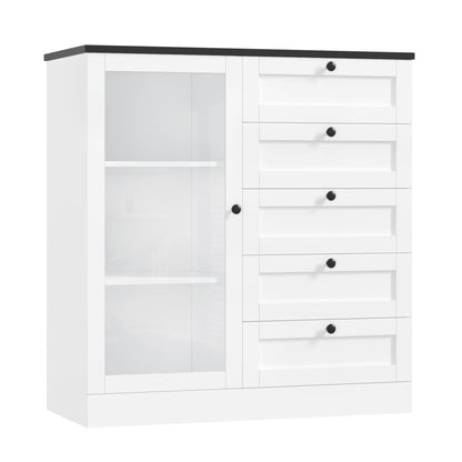 HOSTACK 5 Drawer Dresser with Door, White Storage Cabinet with Drawers and Shelves, Wide Wood Dresser, Modern Chest of Drawers Organizers for Living Room, Kitchen, Hallway - WoodArtSupply