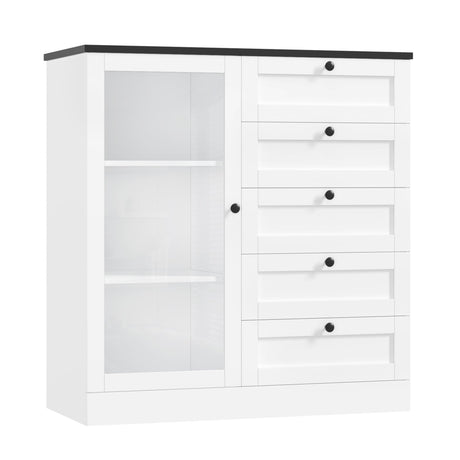 HOSTACK 5 Drawer Dresser with Door, White Storage Cabinet with Drawers and Shelves, Wide Wood Dresser, Modern Chest of Drawers Organizers for Living Room, Kitchen, Hallway HOSTACK