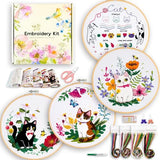 Embroidery Kit for Beginners, 4 Sets Cat Embroidery Kits, Needle Point Kits for Adults Beginner, with Full Package Embroidery Supplies, Detailed Easy-to-Follow Instructions, Gift for DIY Lovers