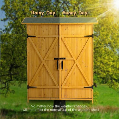 Outdoor Storage Cabinet- Garden Storage Shed- Lockable Wooden Storage Sheds Organizer for Home, Yard, Outdoor 56”L x 19.5”W x 64”H (Natural + Solid Wood)