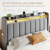 SHA CERLIN Velvet Queen Bed Frame with Vertical Channel Tufted Wingback Headboard & 2 Storage Drawers/2-Tier Shelves with LED Lights & Charging Station/Noise-Free/No Box Spring Needed/Light Grey SHA CERLIN