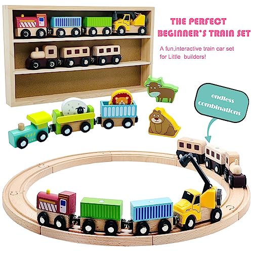 Wooden Trains Cars with Crane Magnetic Train 10pcs Wooden Train Toys with Animals for Wooden Train Tracks Train Sets for Toddlers and Kids Ages 3+ - WoodArtSupply