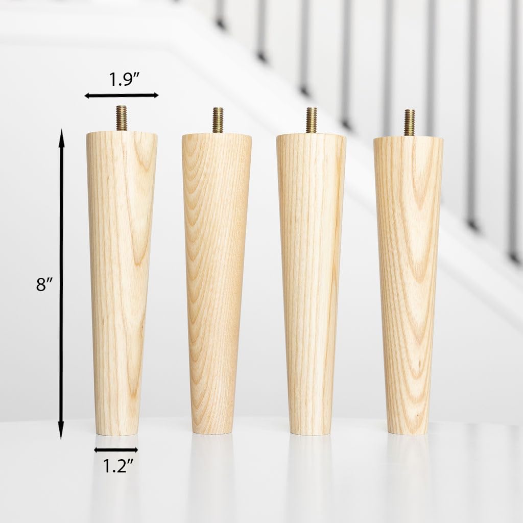 Ash Wood Furniture Legs - Premium Mid Century Legs for Sofa, Chair, Table, Dresser, Bed, Cabinet, Ottoman - Our Wooden Legs Are Easy To Install & Include Installation Hardware - Set of 4, 8 Inches Airy Abode