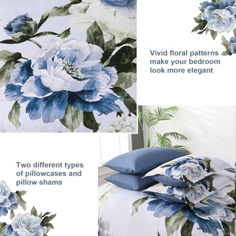 Dobuyly Blue King Size Comforter Set 7 Piece Bed in a Bag King, Blue Floral Printed on Light Blue Comforter Set with Sheets, Soft Microfiber Botanical Complete Bedding Set for All Season Dobuyly