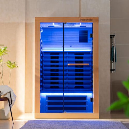 WOODBRIDGE Infrared Home Sauna Room 2 Person Hemlock Wooden Indoor Sauna,7 Carbon 1980W/120V Heaters,with Led Color Therapy Light,Bluetooth Speaker,Tempered Glass,Touch-Tone Keypad and A Top Vent