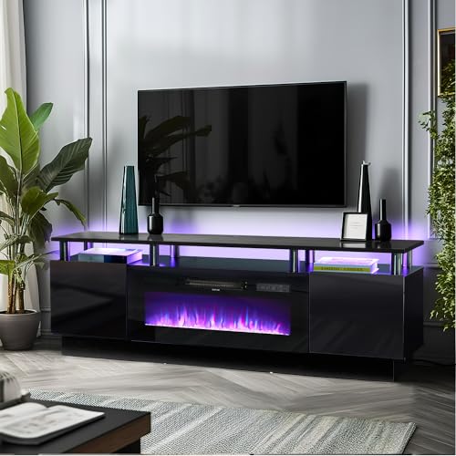 oneinmil 70" Modern Electric Fireplace TV Stand for TVs Up to 80 inch, with Electronic Flame and LED Lights, Luxury High Gloss Finish Entertainment Center, TV Console Cabinet for Living Room, Black oneinmil
