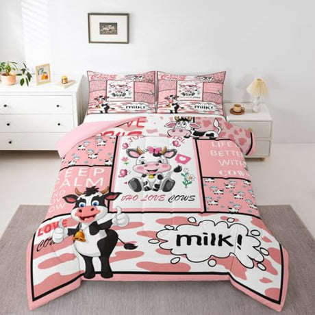 Feelyou Cow Bedding Set for Girls Boys Pink Milk Cow Comforter Set Cute Animal Comforter Room Decor Farmhouse Duvet Set Queen Size Quilt Boys Feelyou
