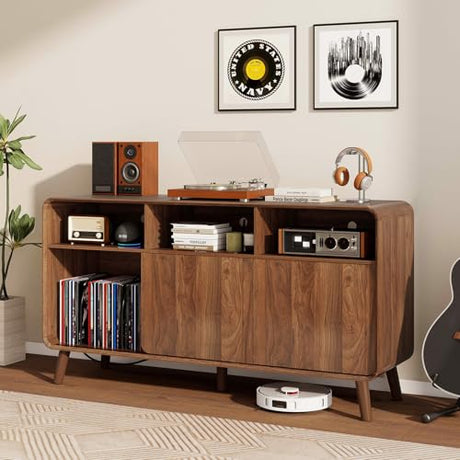 Nasonet Record Player Stand with Vinyl Storage Cabinet, 55'' Large Mid Century Modern Turntable Cabinet with Charging Station & USB Ports, Curved Wood Stereo Cabinet for Living Room, Walnut Nasonet