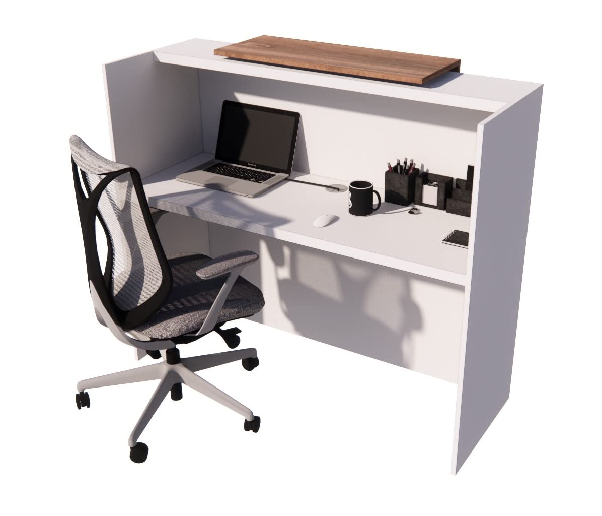 UGOS ICN 53 Inch Contemporary Reception Desk | Multifunctional Modern,Transaction Countertop, Laminate Desktop, Standing Front Table for Office, Home, School, Salon, Spa - White and Teak UGOS