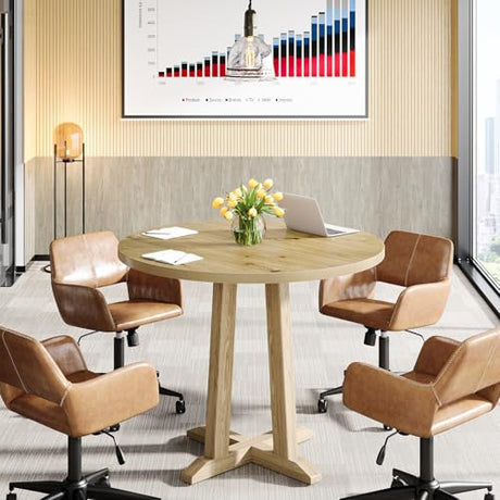 Tribesigns Small Conference Table for 2-4 People, 31.5" Round Office Meeting Table with Unique & Sturdy Pedestal, for Conference Room, Small Spaces, Natural Wood Color Tribesigns