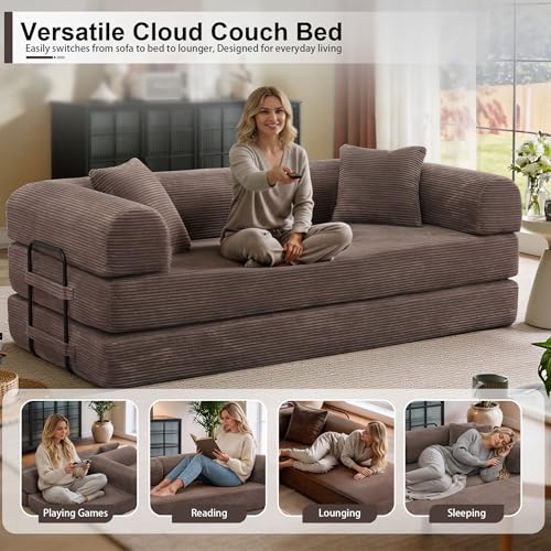 JJJ 63 inch Sofa Bed 4-in-1 Boneless Convertible Corduroy Sleeper Folding Couch with Fixed-Shape Frame and 2 Futons No Assemble Required 3 Seater Upholstered for Living Room (Brown, 63 inch) JJJ