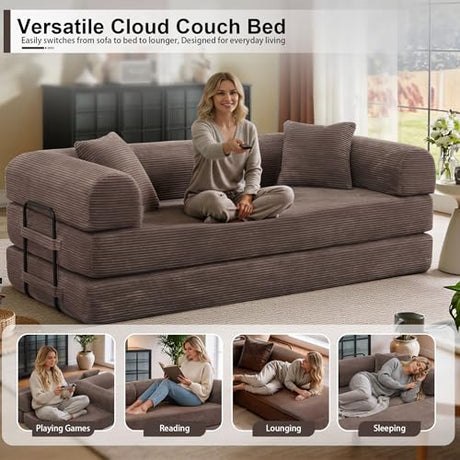 JJJ 63 inch Sofa Bed 4-in-1 Boneless Convertible Corduroy Sleeper Folding Couch with Fixed-Shape Frame and 2 Futons No Assemble Required 3 Seater Upholstered for Living Room (Brown, 63 inch) JJJ