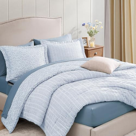 BLOOMHAVEN Queen Comforter Set - 7 Pieces Blue Gauze Muslin Bedding Sets for All Seasons, Lightweight Breathable Bed in a Bag Queen with Revesible Farmhouse Comforter, Sheets, Pillowcases & Shams BLOOMHAVEN