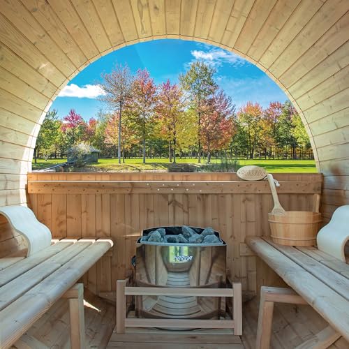 WOODBRIDGE 2-Person Luxury Finland Thermo Pine Outdoor Barrel Sauna with Half View Window,Harvia Electric Heater with Sauna Stone, Sauna Accessories Kit and Asphalt Shingle Roof, 4'x6', OBS1812 WOODBRIDGE