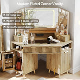 ENSTVER Corner Vanity with Clear Glass Top, 47" Corner Makeup Vanity Desk with Large Mirror and Lights, Fluted Wooden Vanity Wall-Mounted Jewelry Storage for Bedroom, Oak ENSTVER