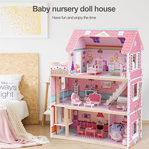 ROBUD Wooden Dollhouse, Doll House Playset with 24-pcs Exquisite Accessories, Working Elevator, Gift for Ages 3+ ROBUD
