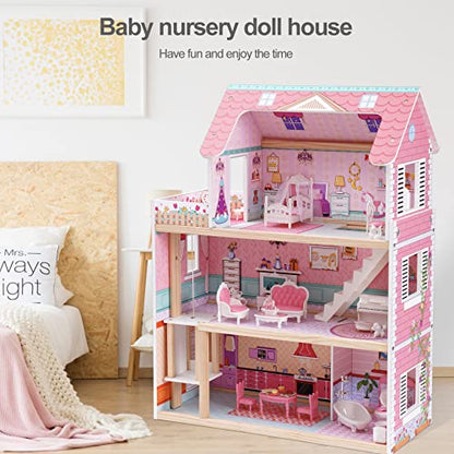 ROBUD Wooden Dollhouse, Doll House Playset with 24-pcs Exquisite Accessories, Working Elevator, Gift for Ages 3+