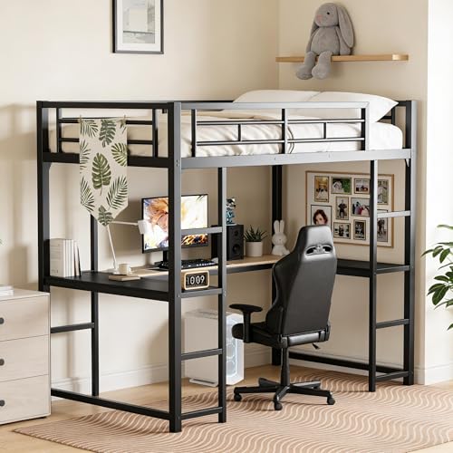 KMBOHE Full Size Loft Bed with Desk and Shelves, Metal Loft Bed with Ladder and Guardrails, Loft Bed Frame for Bedroom, Black KMBOHE