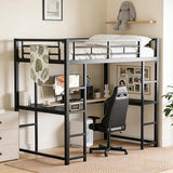 KMBOHE Full Size Loft Bed with Desk and Shelves, Metal Loft Bed with Ladder and Guardrails, Loft Bed Frame for Bedroom, Black KMBOHE
