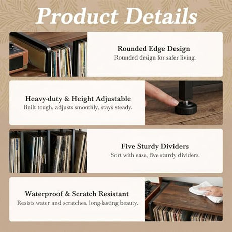 Faesun Record Player Stand with Vinyl Record Storage, Turntable Stand with Power Outlet, Large Record Storage Shelf Holds 500 Albums, Industrial Audio Rack for Living Room Bedroom, Walnut Faesun