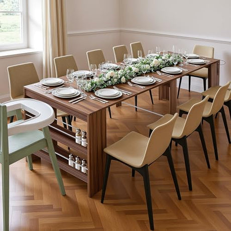 Kikihouse Modern Extendable Dining Table for 2 to 12 People with Outlet, Space Saving Expanding Table with Storage for Party, Weddings, Meetings, Celebrations (Brown) Kikihouse