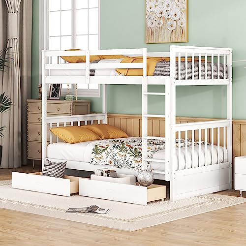 Merax Twin Over Twin Wood Bunk Bed with Storage Drawers in White - WoodArtSupply