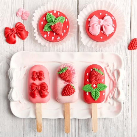 JOERSH 4PCS Strawberry Fondant Molds, Bow Fondant Silicone Molds, Fruit Baking Mold for Cake Decorating, Cupcake Topper, Chocolate, Candy, Candle, Clay JOERSH