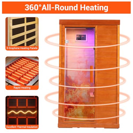 Bowear Far Infrared Sauna for 1-2 Person, 110V 1120W Indoor Home Sauna with Bluetooth Audio, 7 Colors Light Therapy, Reading Lamp, Time & Temperature Adjustable, Oguman Wood Dry Sauna Bowear