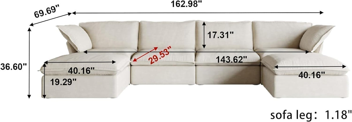 JACH U-Shaped Couches for Living Room, Convertible Sectional Sofa, 162" Modern Deep Seat Soft Cloud Couch, Modular Sectional Sofas with Ottomans, Sofa Cover Removable(Beige) JACH