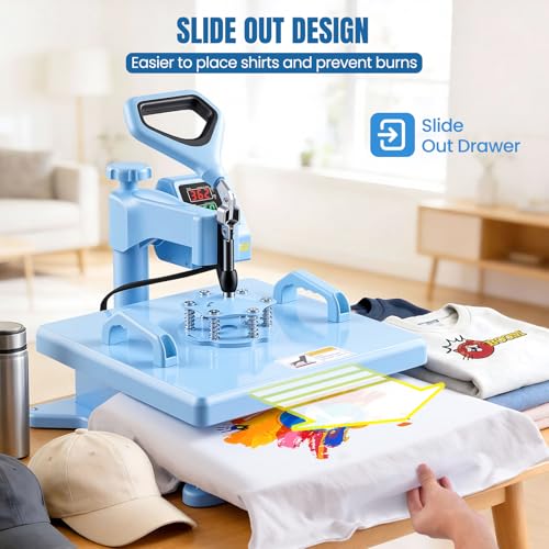 WHUBEFY Heat Press,15x15 Shirt Press Machine 8 in 1 with 30Oz Tumbler Attachment Sublimation Machine Digital Slide Out Sublimation Heat Transfer Machine, Heat Press for T-Shirts Mugs Caps Plates,1400W Whubefy