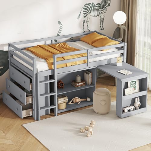 Ball & Cast Twin Loft Bed with Drawer Cabinet and Pulling -Out Desk,Rubber Wood Bed Frame w/Safety Guardrail & Ladder,Space-Saving Furniture for Girls Boys Student Dorms,Grey Ball & Cast