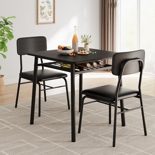IDEALHOUSE 3-Piece Dining Table Set for 2 with Storage Rack, Wood Kitchen Table with Upholstered Chairs Set of 2, Small Square Table Set with Metal Legs Support, for Dining Room, Living Room, Black IDEALHOUSE