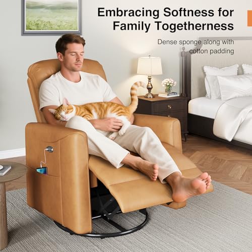 Welzona Power Swivel Rocker Recliner, 360° Swivel Nursery Rocking Chair, PU Leather Glider Rocking Recliner, Infinite Position Electric Chair for Adults with USB Port for Living Room, Brown