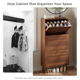 Fsbecl Shoe Storage Cabinet for Entryway with 3 Flip Drawers, Narrow Shoe Organizer with Fluted Panel, Freestanding Wood Hidden Shoe Cabinet for Hallway (Walnut, 23.6''W, Double Layer) Fsbecl