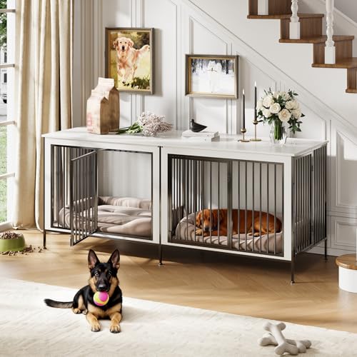 79‘’ Double Dog Crate Furniture, XL Dog Kennel Indoor, Heavy Duty Double Dog Crates for Medium/Large Dogs, Dog Kennel Furniture Indoor As TV Stand, Rustic White IDEALHOUSE