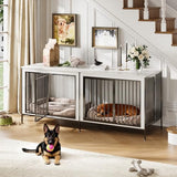 79‘’ Double Dog Crate Furniture, XL Dog Kennel Indoor, Heavy Duty Double Dog Crates for Medium/Large Dogs, Dog Kennel Furniture Indoor As TV Stand, Rustic White IDEALHOUSE