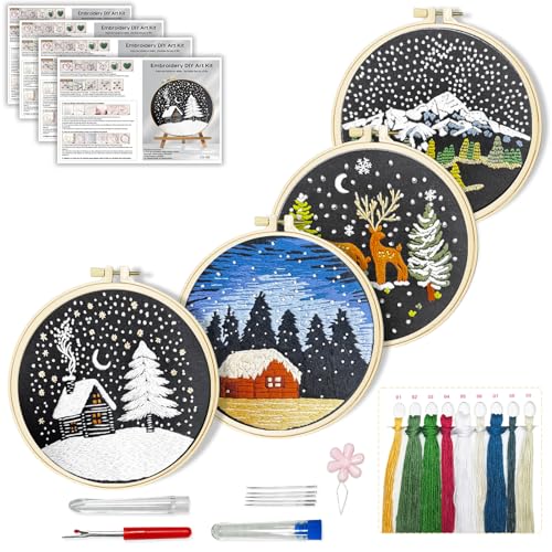Huacan Embroidery Kit for Beginners 4 Set and Instructions with Videos Includes Multiple Accessories, Gift for Craft (Christmas)