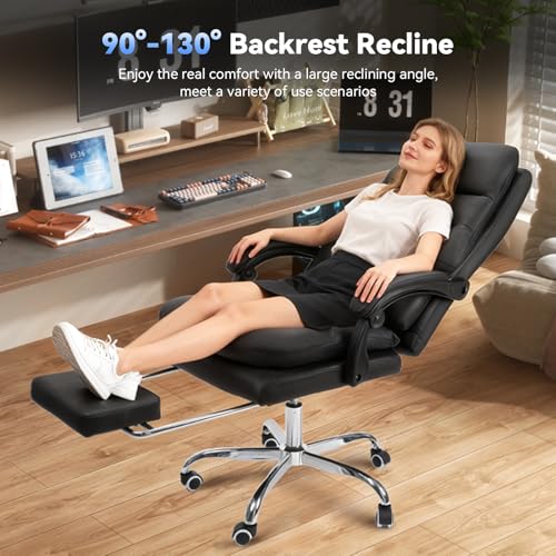 Holiwei Office Chair with Footrest, Big and Tall 400lbs Executive Desk Chair with Thickened Lumbar Support Pillow, High Back PU Leather Reclining Computer Chair, Ergonomic Swivel Task Chair, Black Holiwei