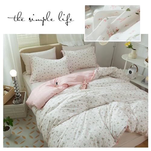 LifeTB Cotton Floral Duvet Cover Queen Girl Pink Flower Bedding Sets Garden Style Cotton Floral Comforter Cover Pink White Floral Bedding Sets Flower Branches Pattern Duvet Cover with Zipper Closure LifeTB