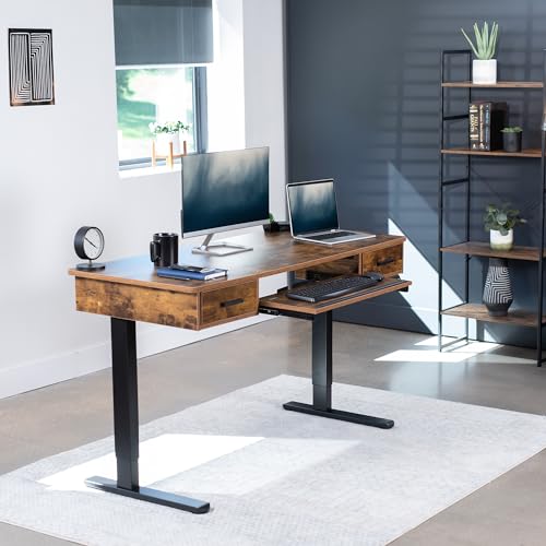 VIVO Electric Height Adjustable 55 x 24 inch Memory Stand Up Desk with Rear-Set Legs, Rustic Vintage Brown Table Top with Built-in Drawers and Keyboard Tray, Black Frame, DESK-KIT-RB5MN VIVO