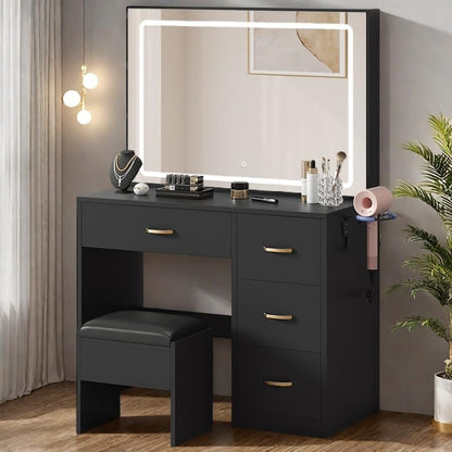 YITAHOME Vanity Desk with Large 35" Mirror and LED Lights, Makeup Vanity Set with 4 Drawers and a Power Strip, Vanity Chair, Dressing Table with Ample Storage, Bedroom Furniture for Women, Coal Black