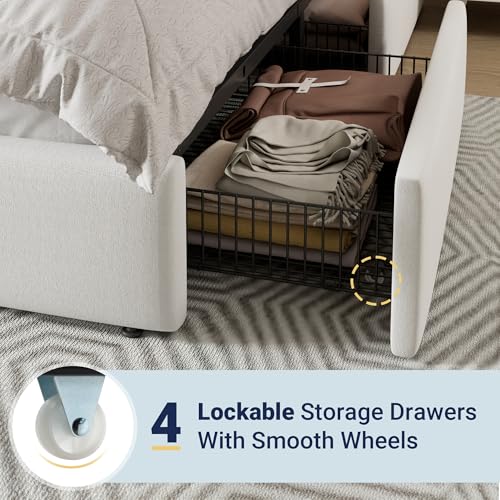 Allewie Modern Full Size Platform Bed Frame with 4 Storage Drawers and Velvet Upholstered Headboard, Wooden Slats Support, Upholstered Mattress Foundation/No Box Spring Needed/Easy Assembly, White Allewie
