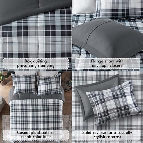 Madison Park Essentials Parkston Plaid Comforter, Matching Sham, 3M Scotchguard Stain Release Cover, Hypoallergenic All Season Bedding-Set, Full/Queen, Black, 3 Piece Madison Park