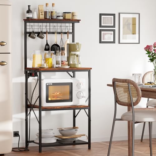 Furologee Kitchen Bakers Rack with Power Outlet, Microwave Oven Stand with Storage 4 Tiers, Coffee Bar Table with 6 S Hooks, Kitchen Storage Shelf Rack for Spices, Pots, Rustic Brown