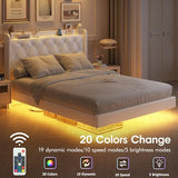 Queen Size Halitaa Floating Bed Frame with LED Lights & Upholstered Button Tufted Headboard - No Box Spring Needed, White Halitaa